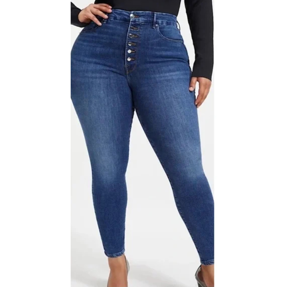 Good American High Rise Exposed Button Fly Skinny Jeans Medium Dark Blue Wash 16